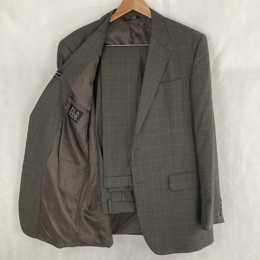 Jos. A Bank 2 Piece Suit 43L 38x32 Wool Gray Windowpane Plaid Pleated Pant
